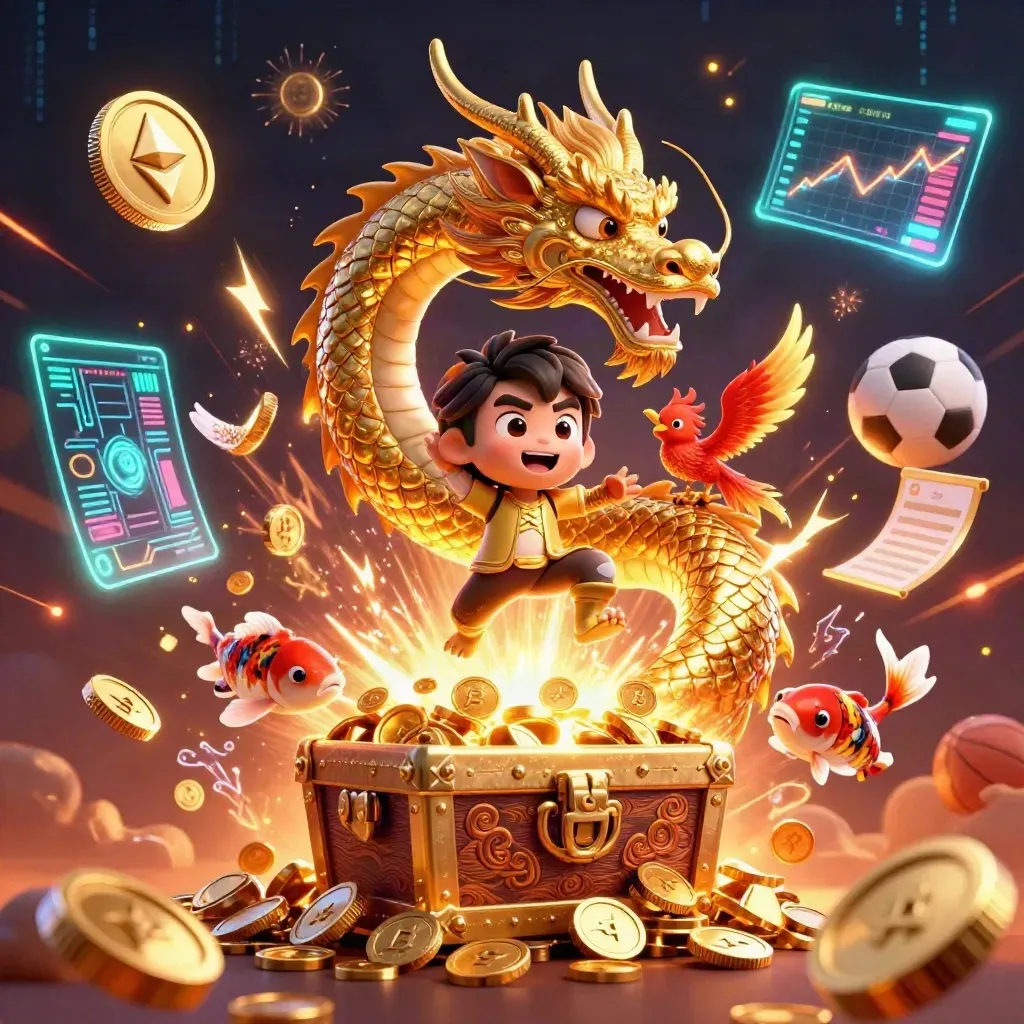 Golden dragon with phoenix and koi bursting from a treasure chest amid crypto coins and fireworks.