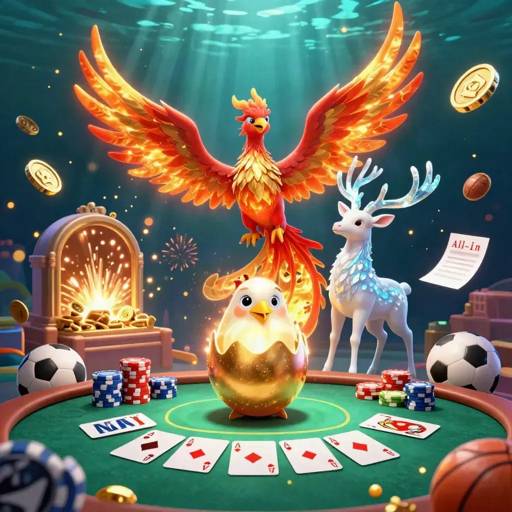 Phoenixes and a crystal stag burst through coins and casino props under blue-green underwater light.