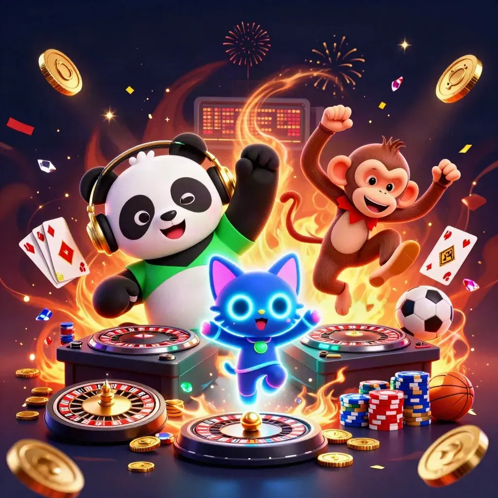 DJ panda, breakdancing monkey and glow-stick kitten amid coins, fireworks and casino gems.