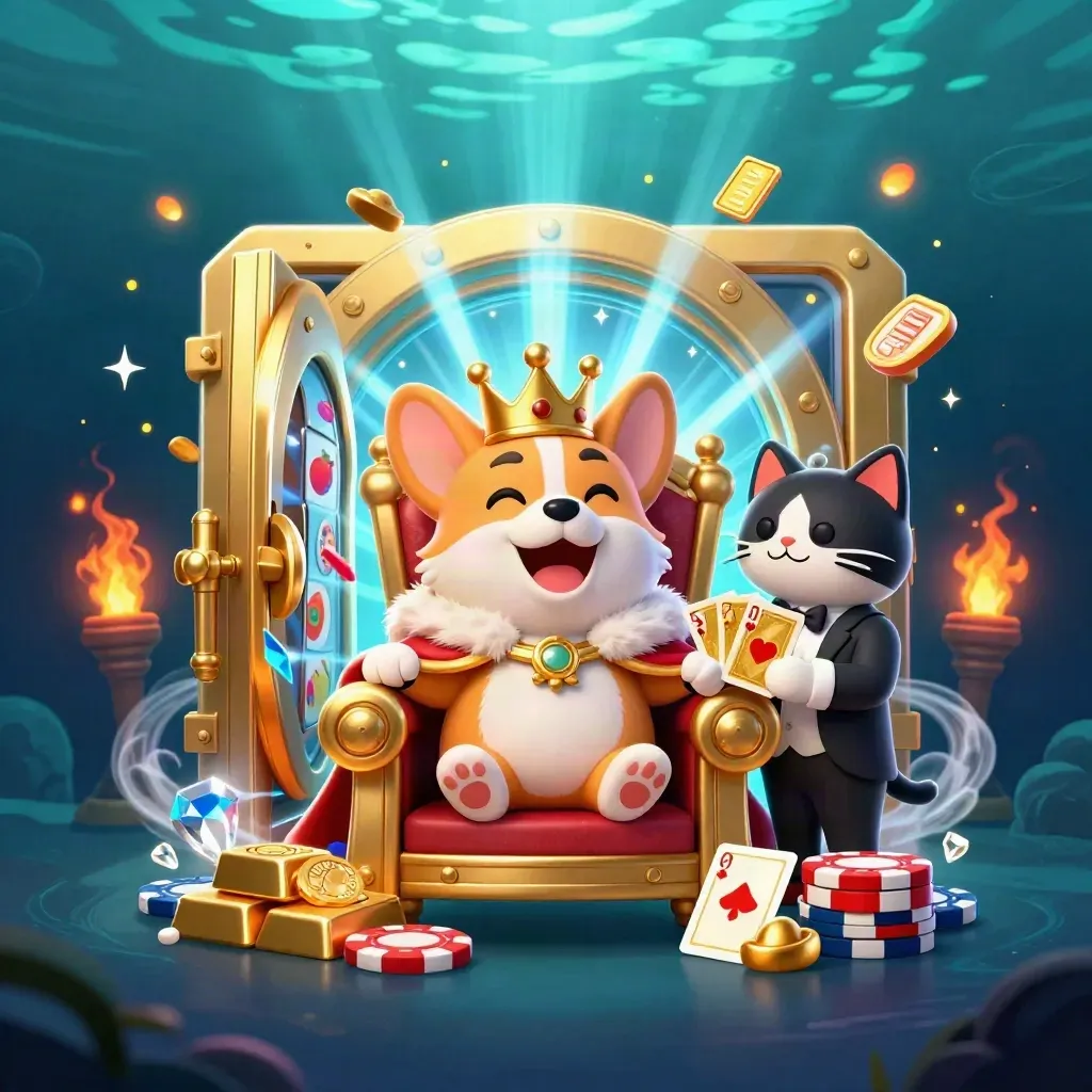 Crowned corgi and cat butler amid treasure, vault glow, and casino reels underwater.
