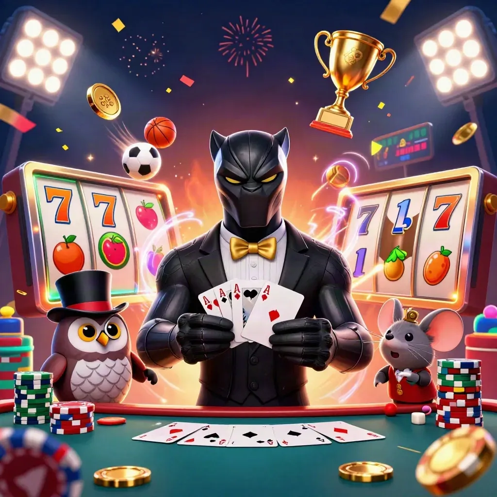Panther dealer, owl chip-holder, and mouse in a casino splash with balls, coins, reels, and neon glow