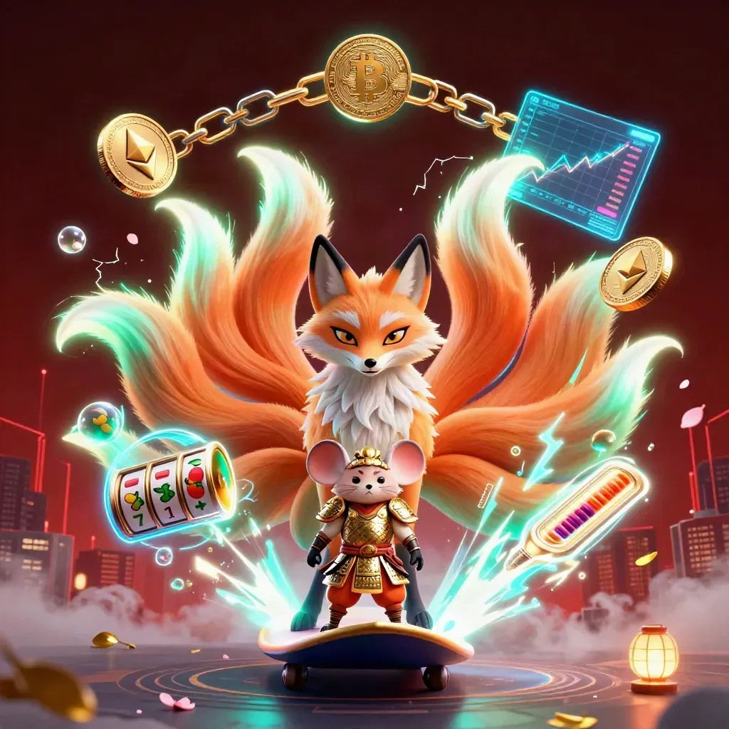 Nine-tailed neon fox spirit with a samurai mouse, casino coins, reels and glowing cyber effects.
