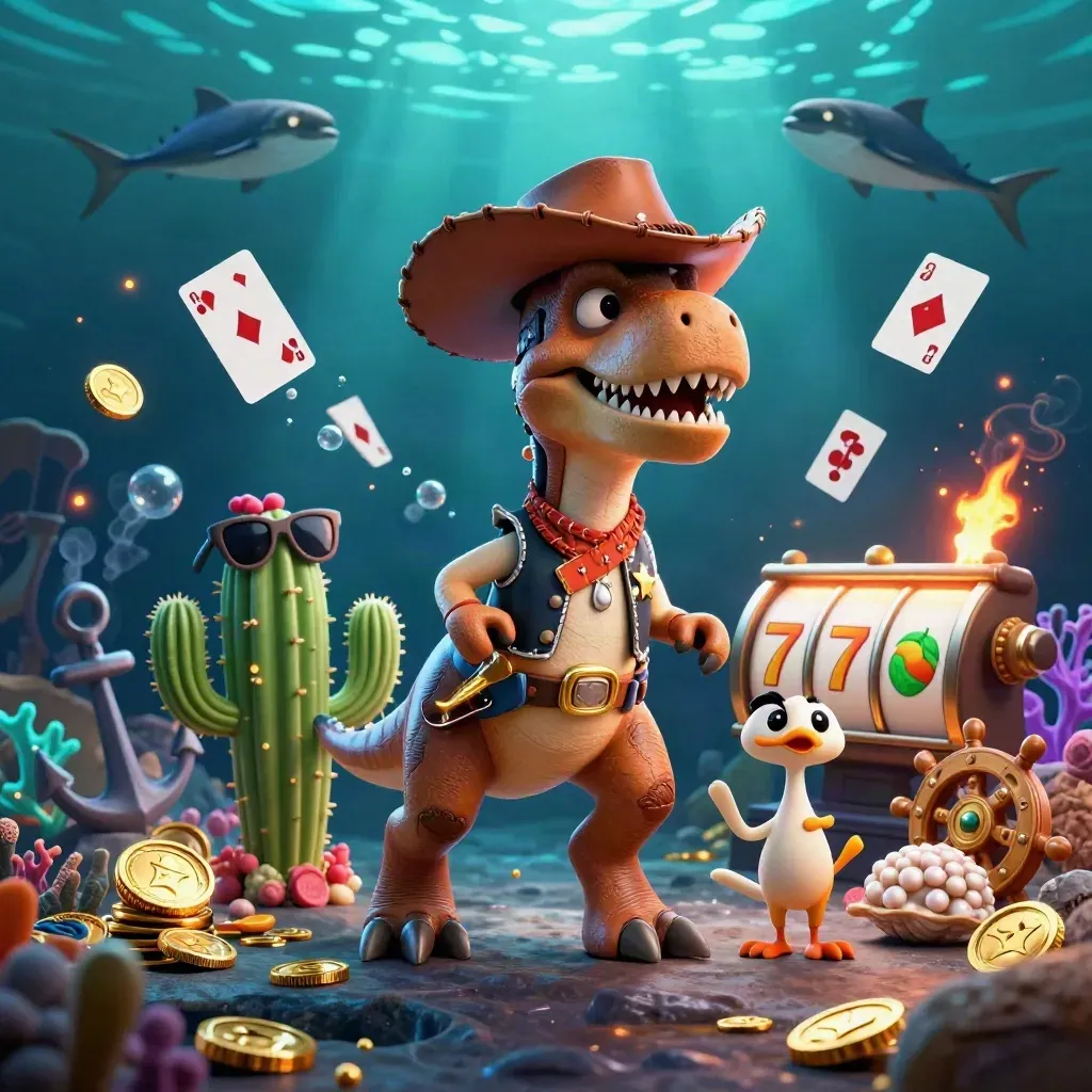 Cowboy T-Rex, cactus sidekick, and roadrunner in a glowing underwater treasure cove.
