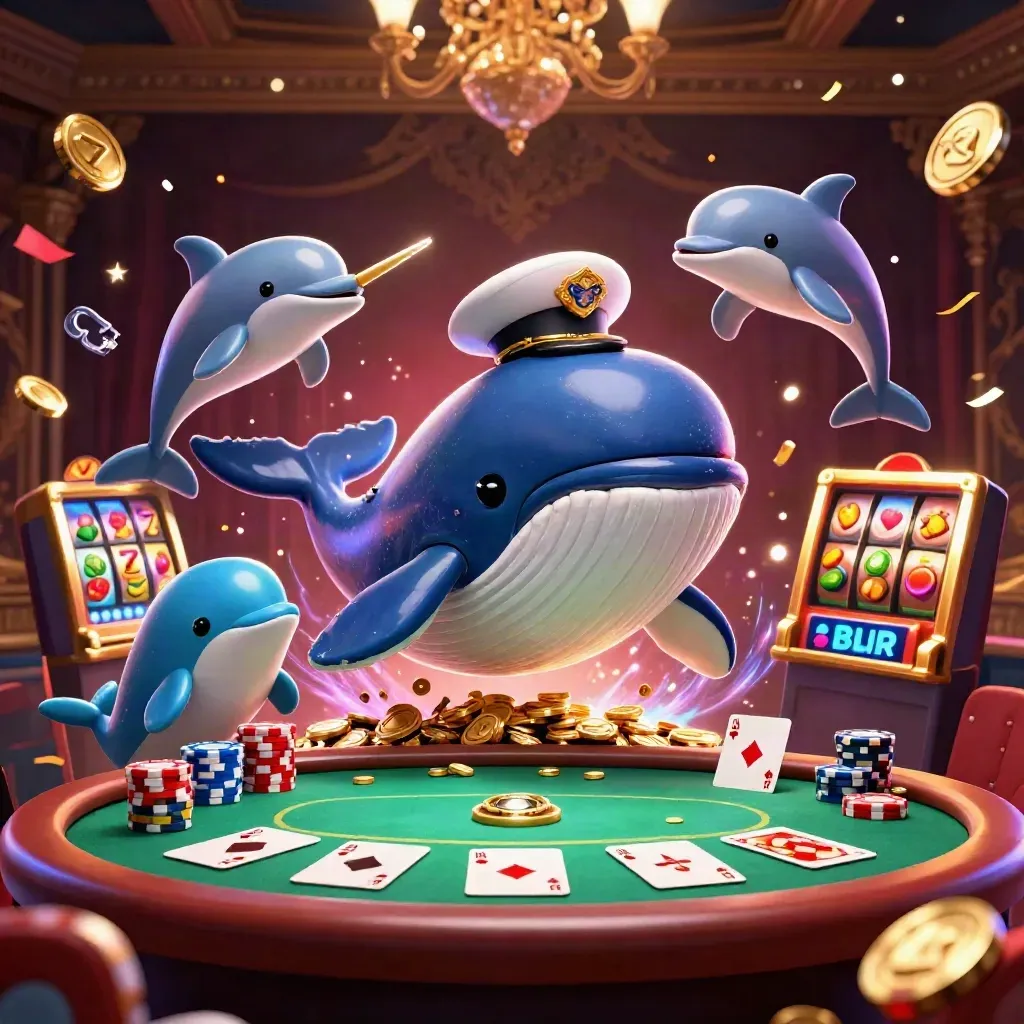 Whale captain, narwhal, dolphins, chips, cards, reels, and casino lights in a dramatic splash art.