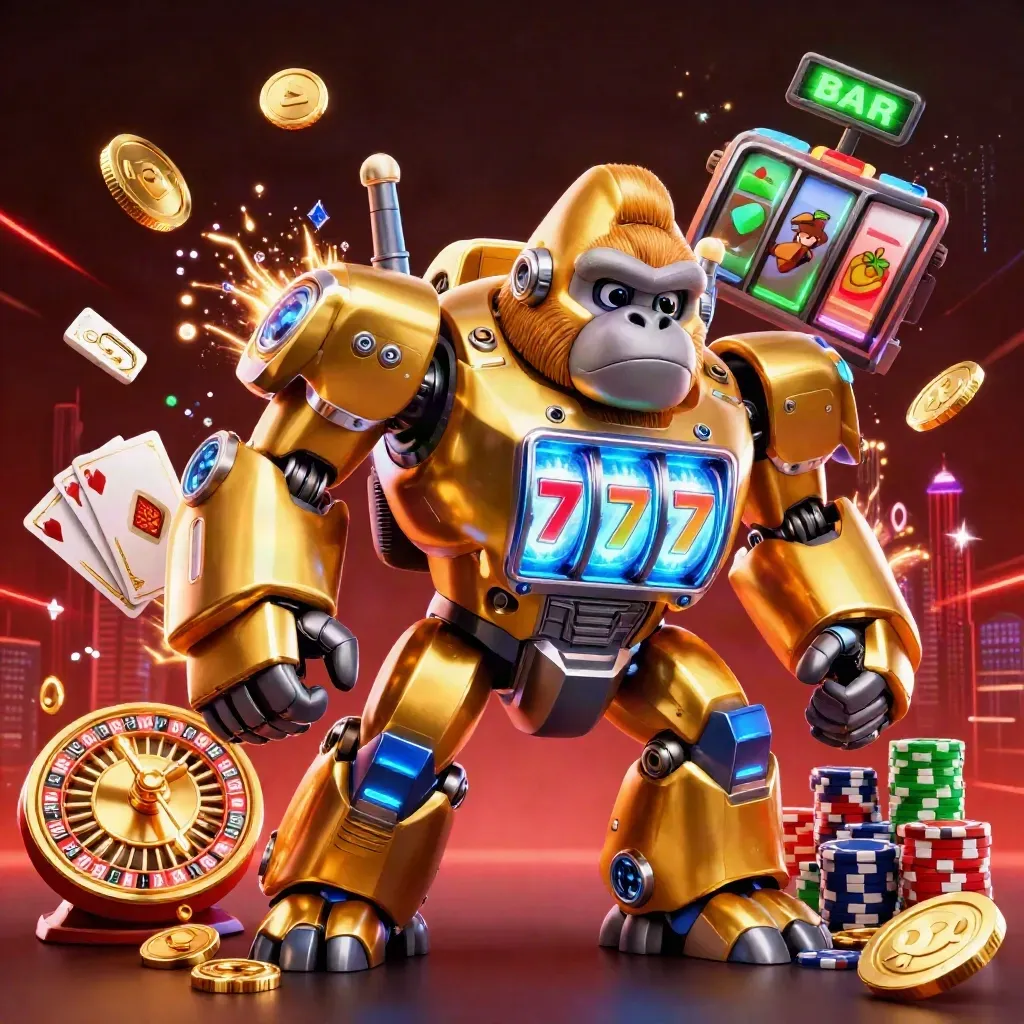 Golden gorilla slot mech with monkey pilot, coins, cards, chips, roulette wheel, neon energy.