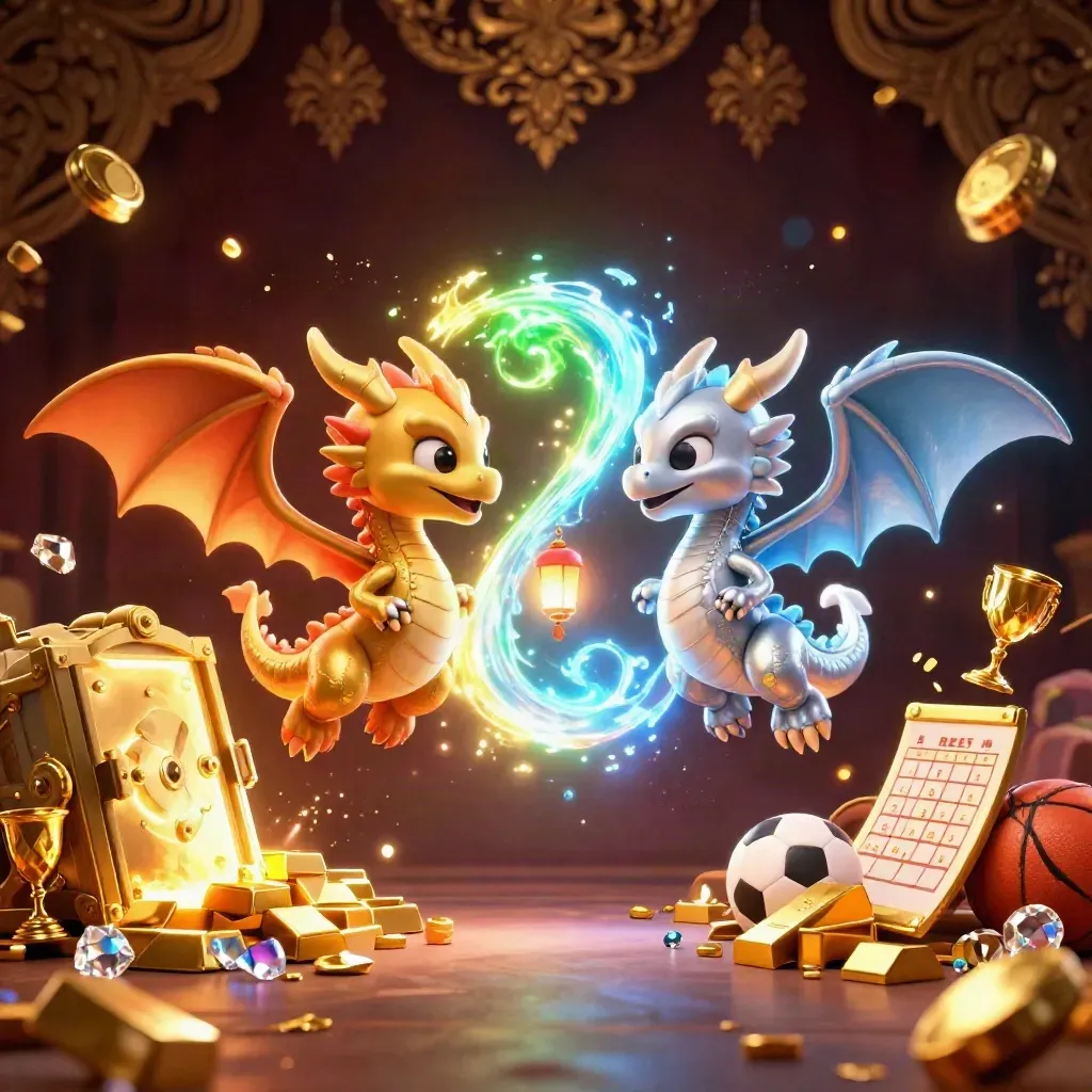 Twin gold and silver dragons with vault, gold, gems, and neon casino glow