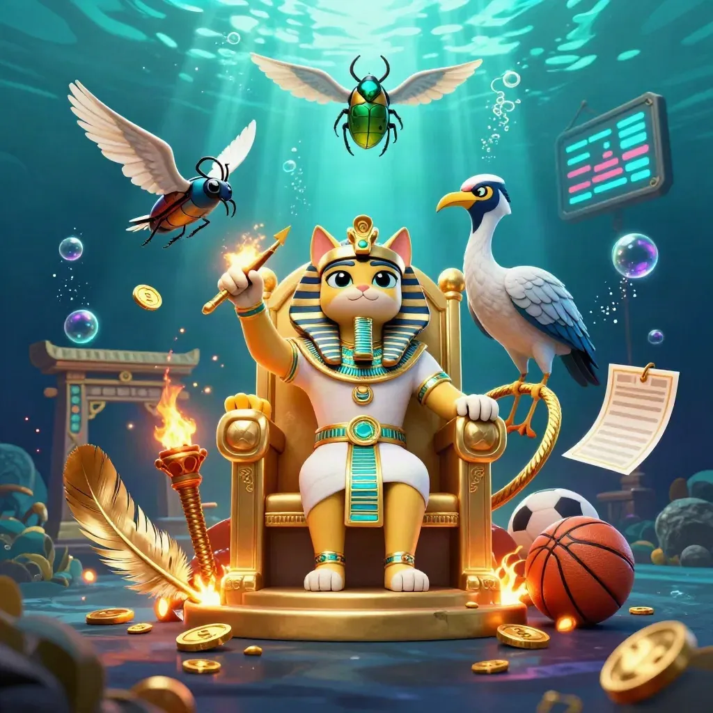 Pharaoh cat, ibis scribe and gem-wing scarabs amid casino sports icons in neon underwater glow