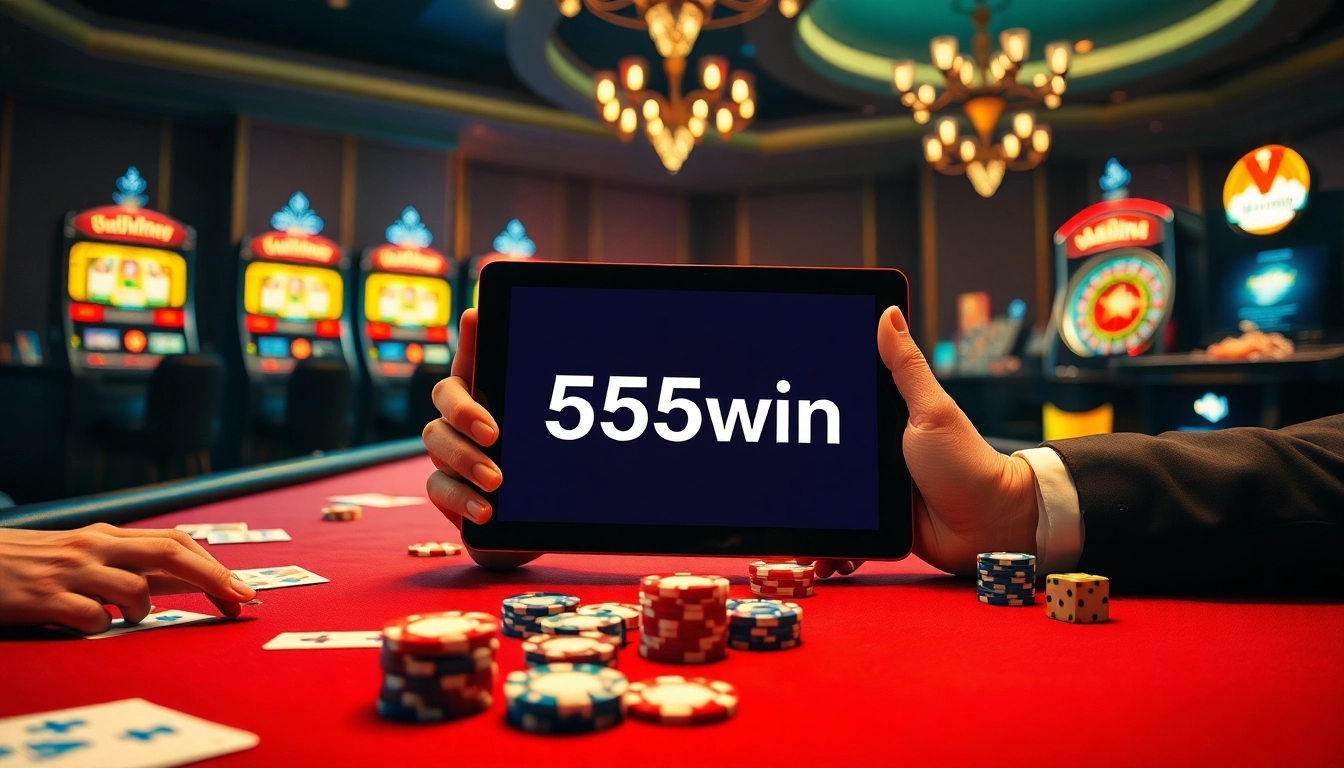 Experience the thrill of betting on 555win with exciting casino visuals featuring vibrant poker action.