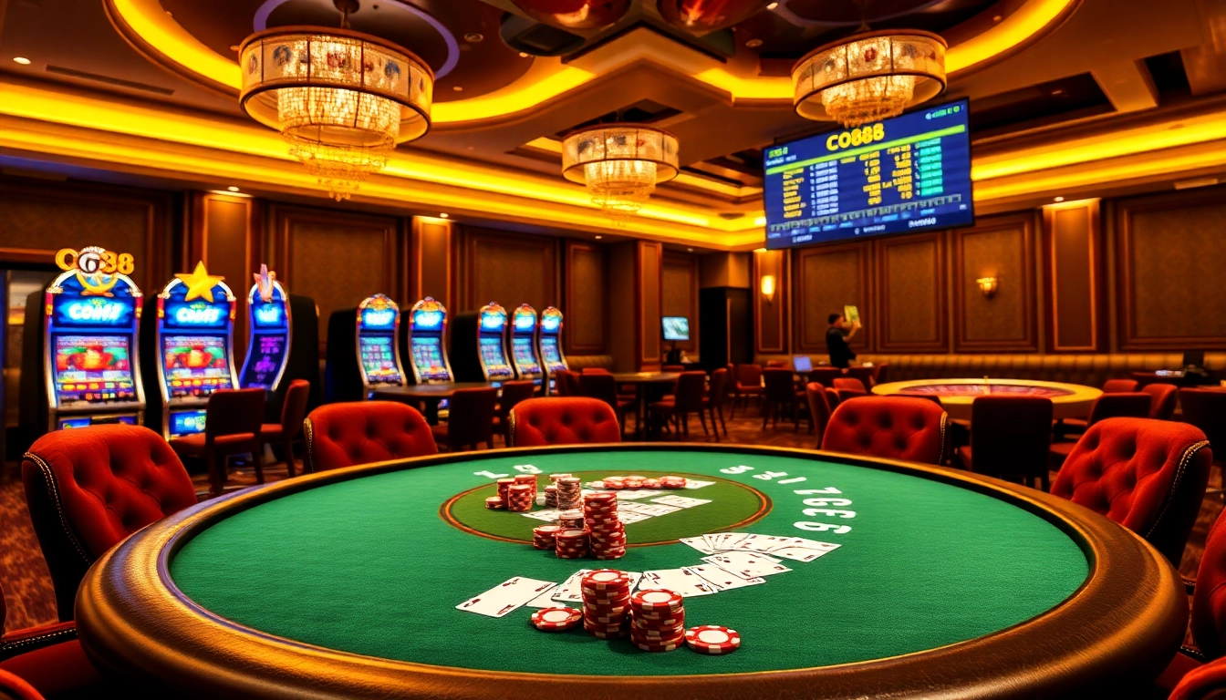Engaging scene at co88 casino featuring poker table and vibrant slot machines.