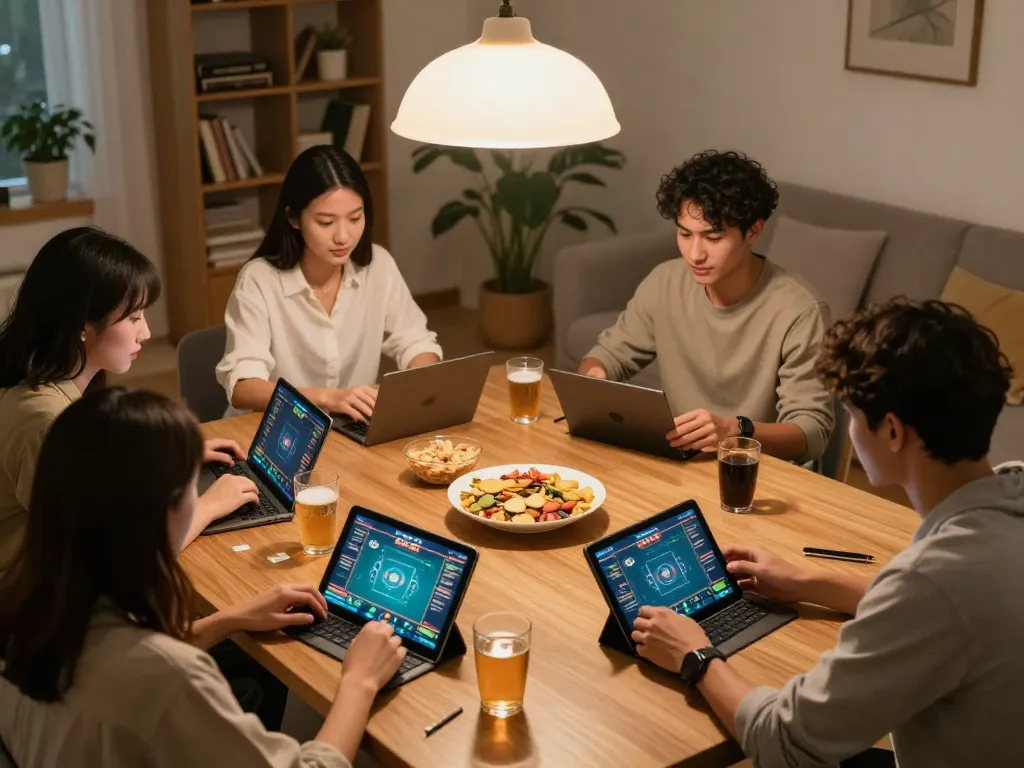 Players enjoying online poker at home with https://ok365.best/ displayed on their screens, creating a friendly gaming atmosphere.