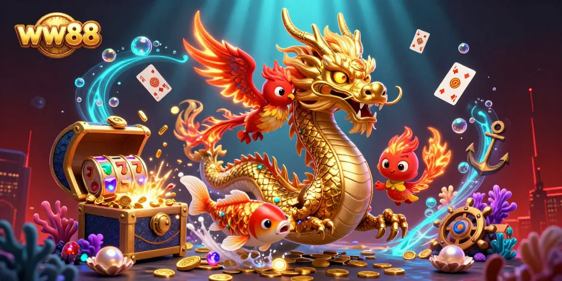 Win big at ww88 with an animated casino scene featuring a dragon, phoenix, and koi fish in a vibrant 3D world.
