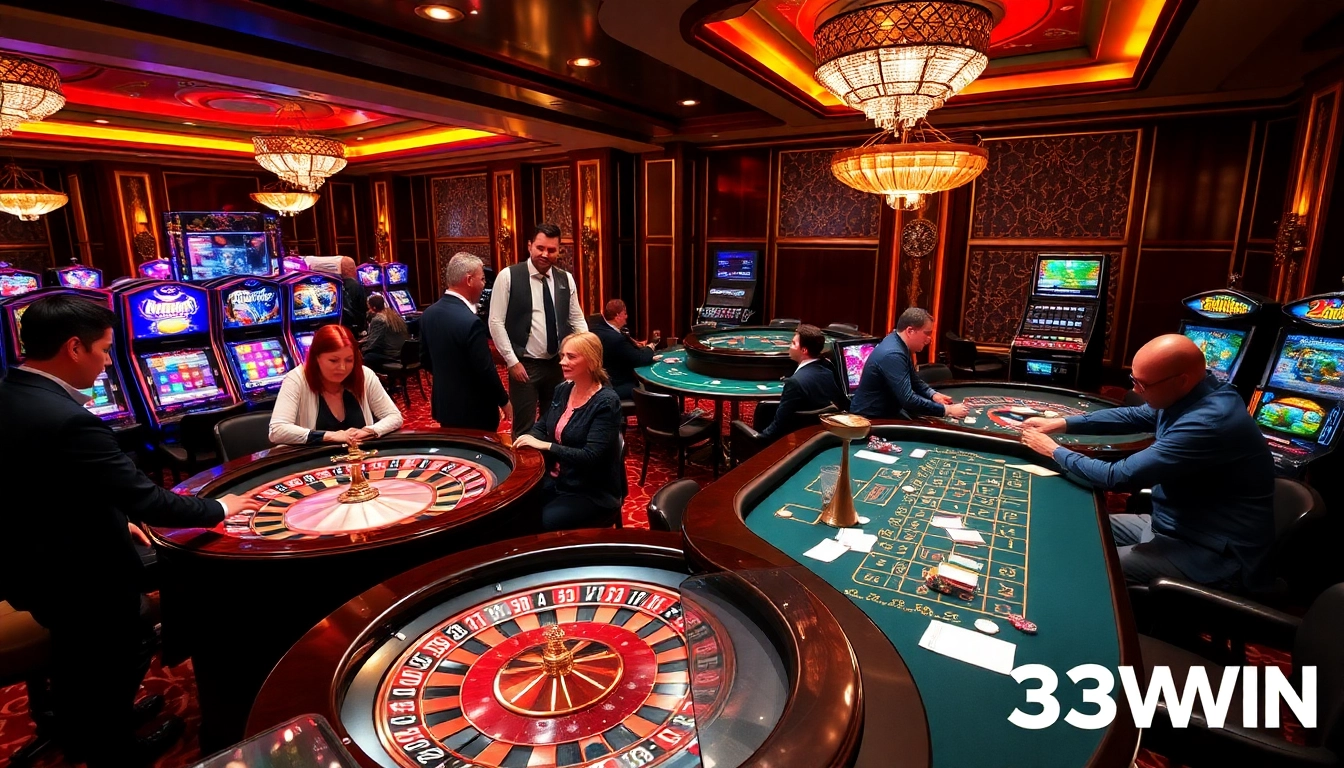 Exciting gambling scene at a casino featuring 33WIN logo along with players betting on roulette and poker.