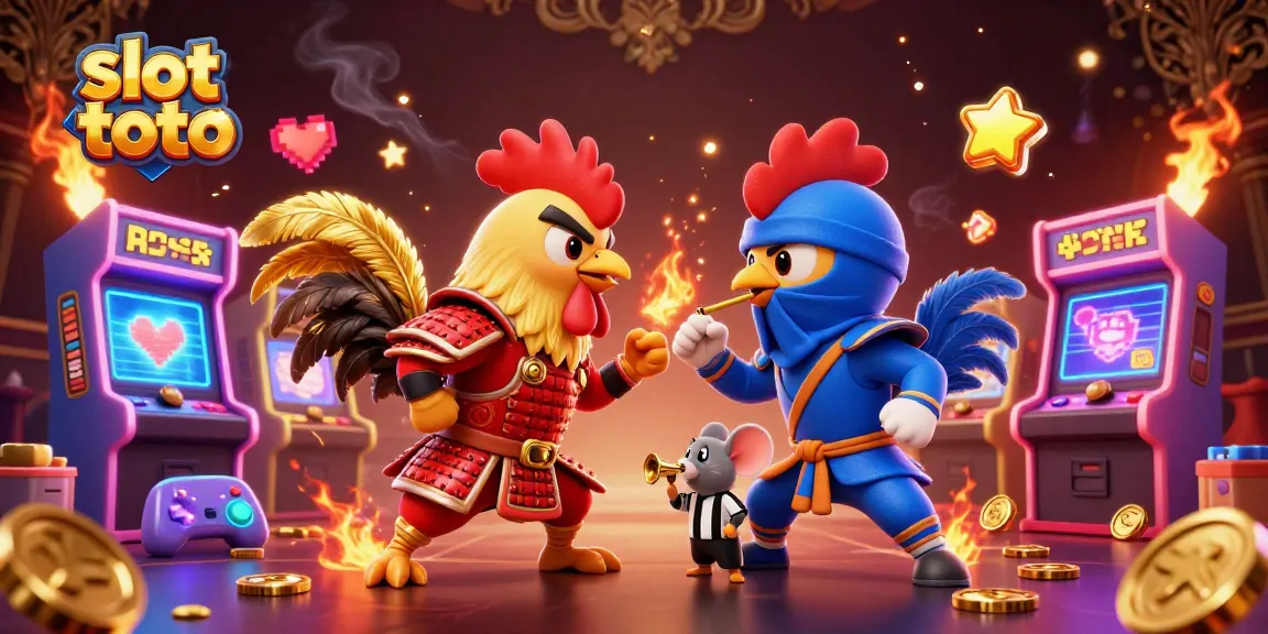 Engage in thrilling slot toto battles with animated rooster warriors and vibrant arcade elements.