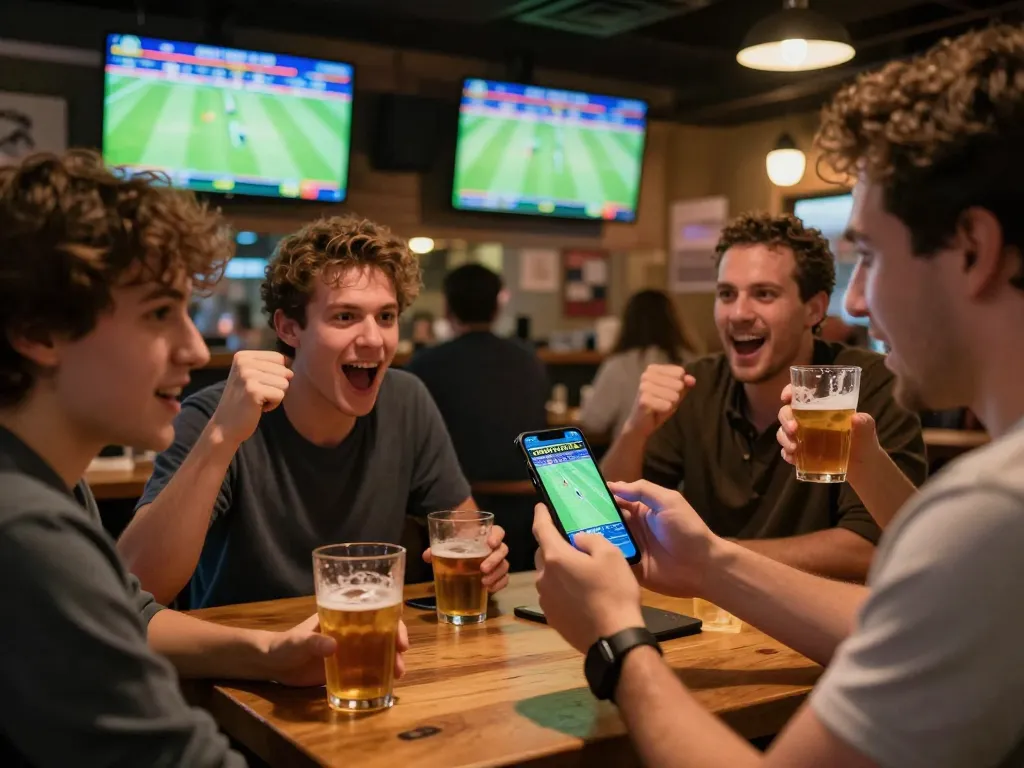 Excited sports bettor using 188bet app on smartphone during live football match in a bustling sports bar.