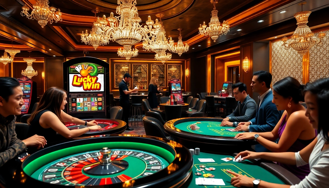 Players celebrating wins at LuckyWin Casino with vibrant slot machines and elegant decor.
