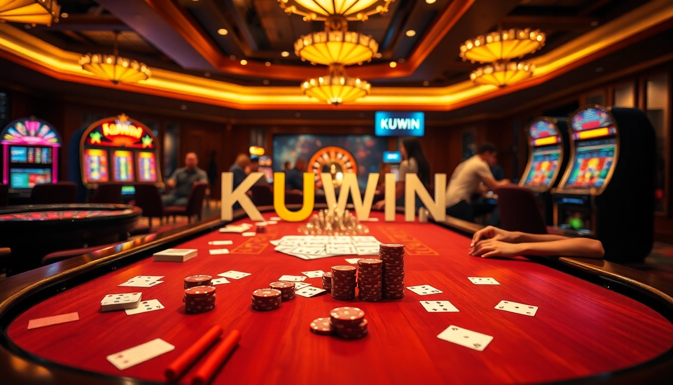 Kuwin online gaming experience with poker, roulette, and vibrant slot machines.