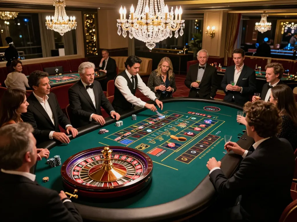 Experience thrills at the roulette table featuring mb666 chips, elegant atmosphere of the casino.