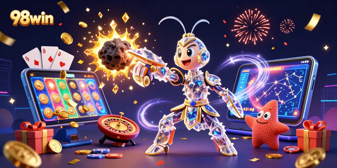 Experience thrilling gaming action with 98win's vibrant 3D casino scene featuring explosive wins and dynamic gameplay.