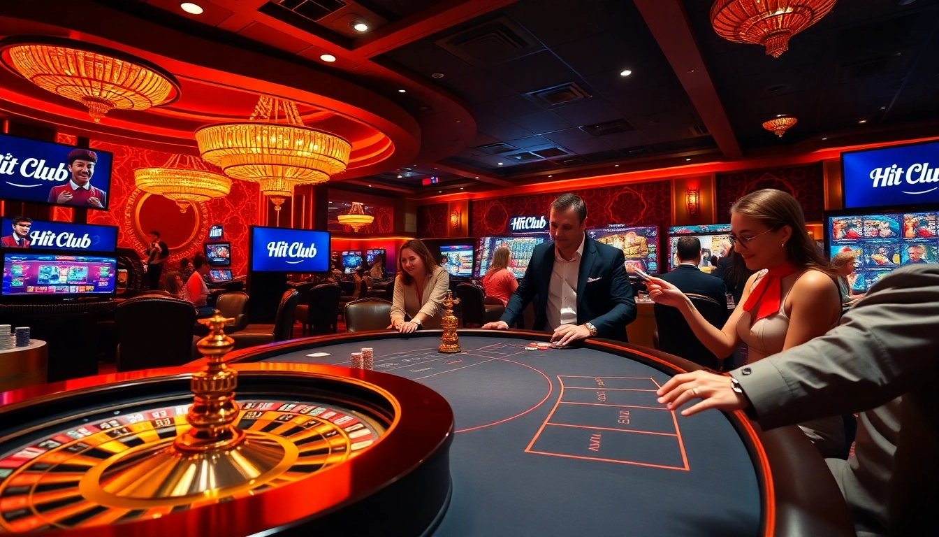 A vibrant casino scene featuring HitClub logo on screens, showcasing poker chips and a roulette wheel.