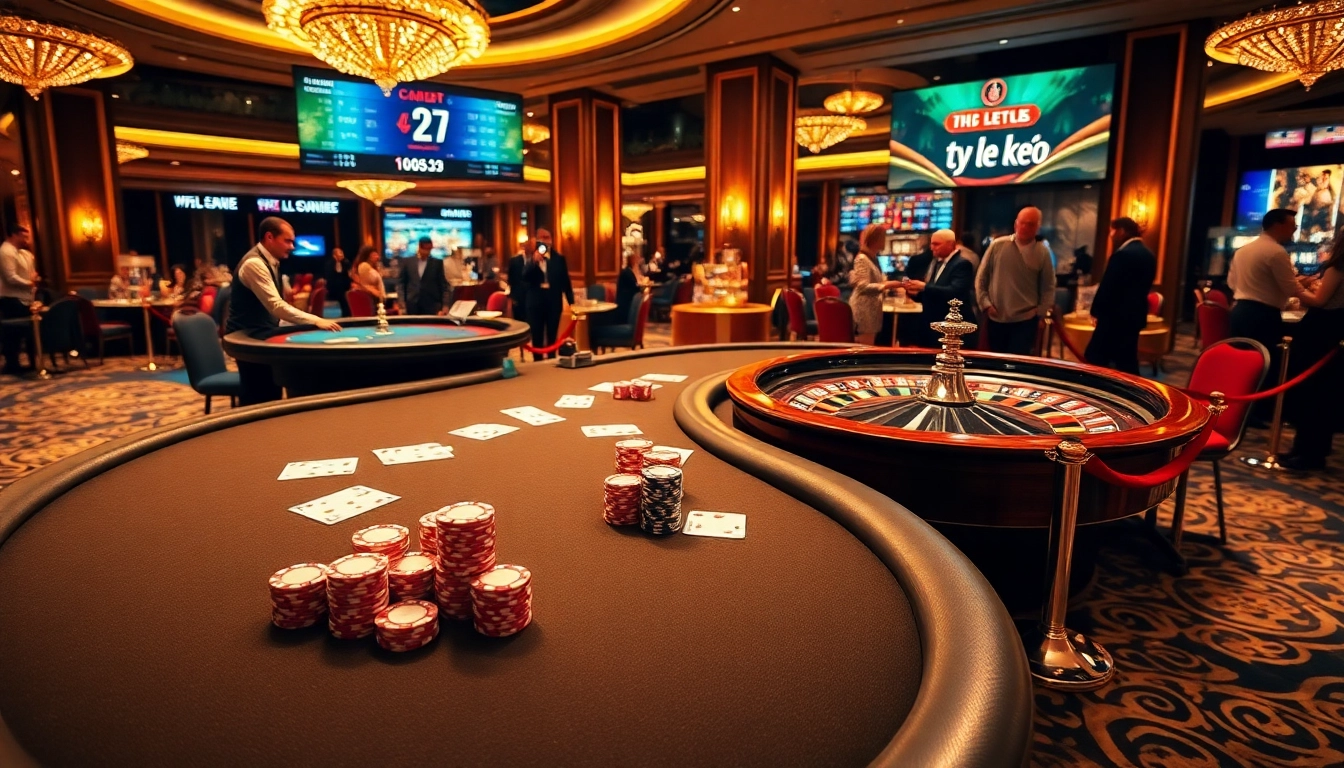 Engaging poker game illustrating ty le keo odds with luxury casino ambiance.
