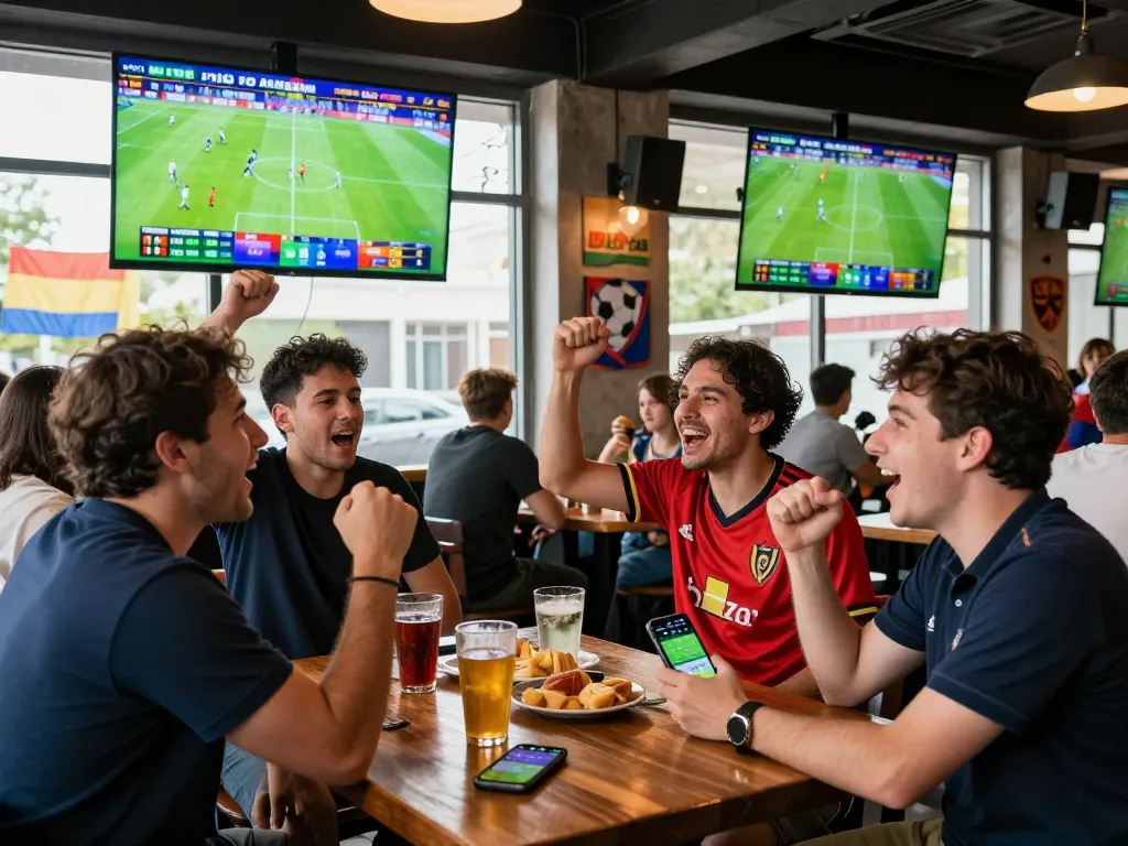 Friends celebrating soccer predictions in a vibrant sports bar during a match.