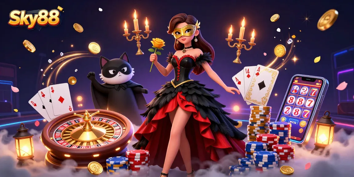 Experience Sky88's thrilling casino action with elegantly illustrated characters, vibrant gameplay elements, and dynamic casino imagery.