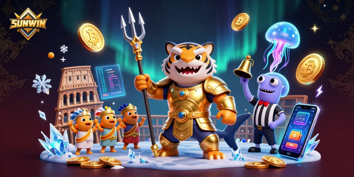 SUNWIN showcases an exhilarating underwater casino scene with a fierce tiger shark, crypto coins, and lively game dynamics.