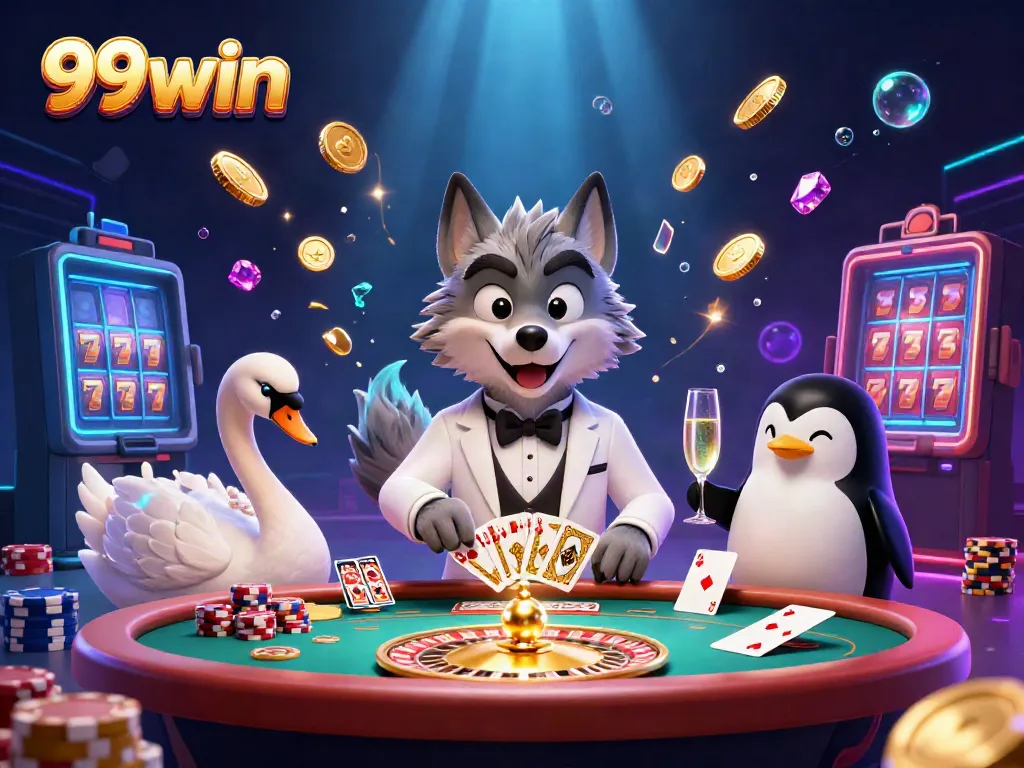 Win big with 99win's elite online casino features in a vibrant 3D scene.