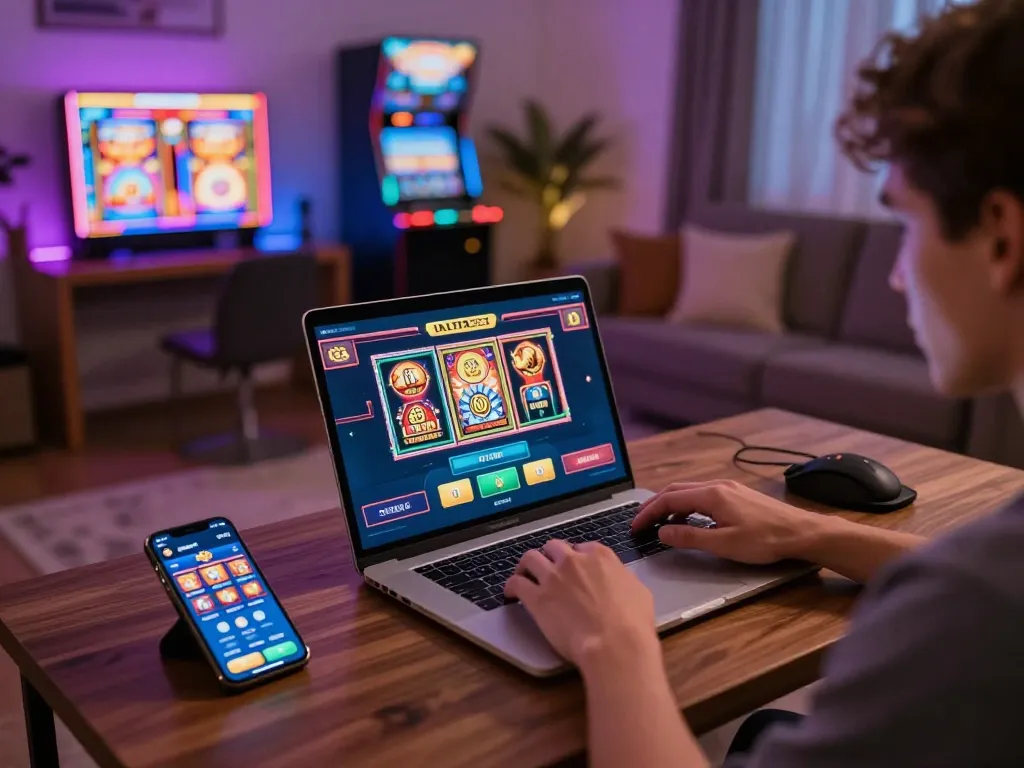 SIN88 player engaging in online casino gameplay on a stylish laptop in a cozy living room