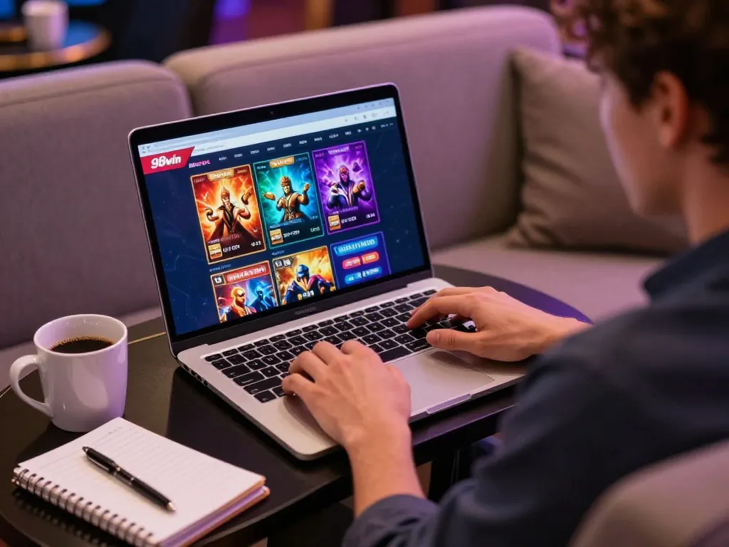 Engaging scene of a player using the 98win platform on a laptop, immersed in online gaming.