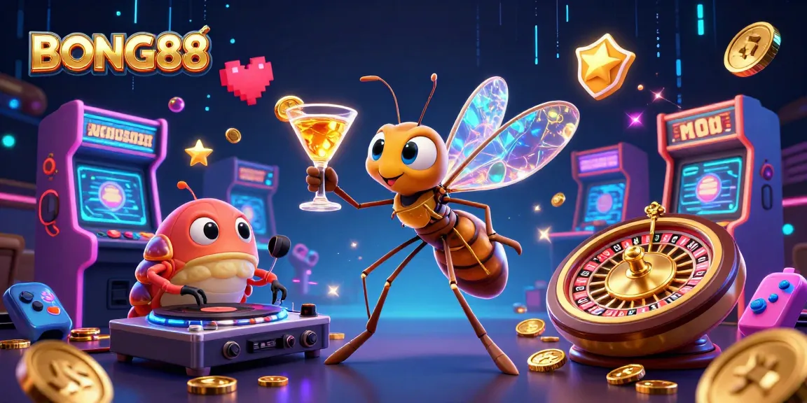 BONG88's vibrant casino illustration showcases a fun mosquito mascot and a trilobite DJ in a lively gaming environment.