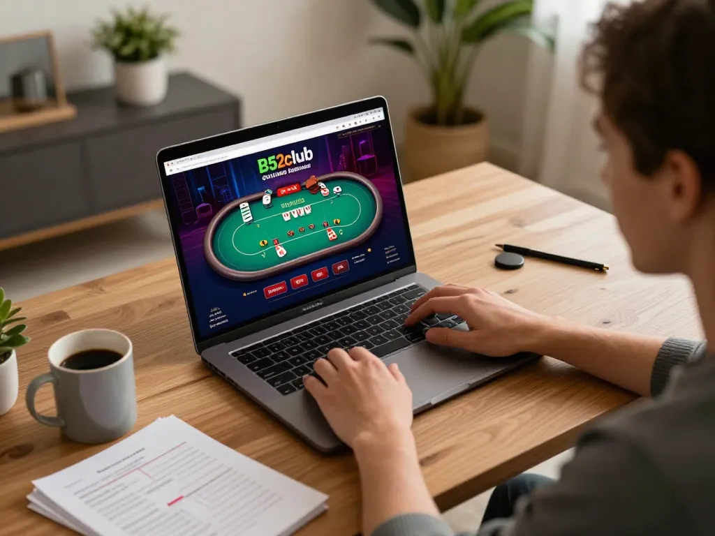 Player engaged with B52club online casino on laptop, showcasing vibrant poker action and cozy home setting