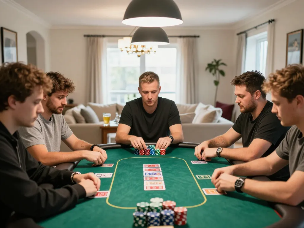 Engaged players strategizing at a poker table, illustrating Slot Gacor excitement during a home game.