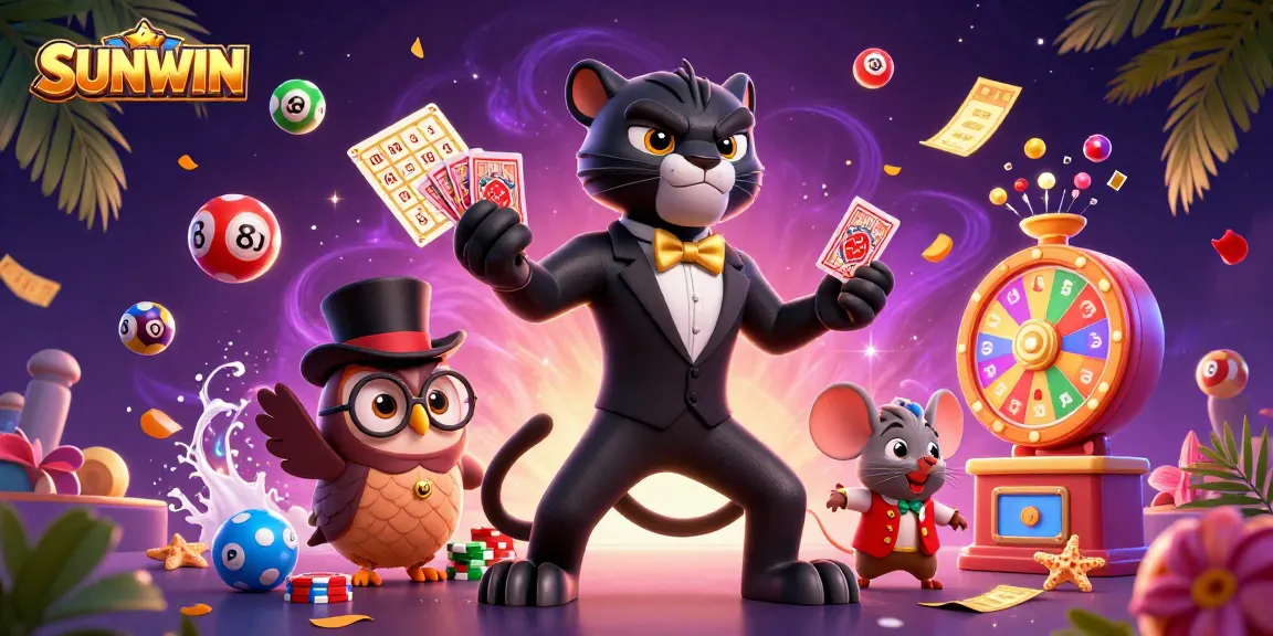 SUNWIN attracts players engaging with colorful lottery activities, featuring a panther dealer, owl, and lucky mouse amidst vibrant energy.