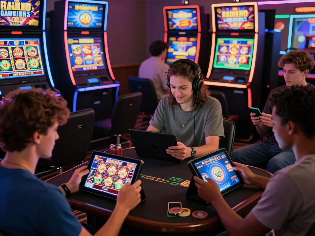 Players enjoying 98win online casino games on tablets, demonstrating engaging gambling experience.