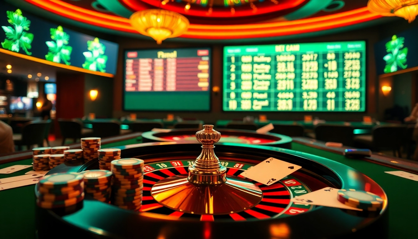 Experience kèo nhà cái action at a vibrant casino with roulette and poker elements.