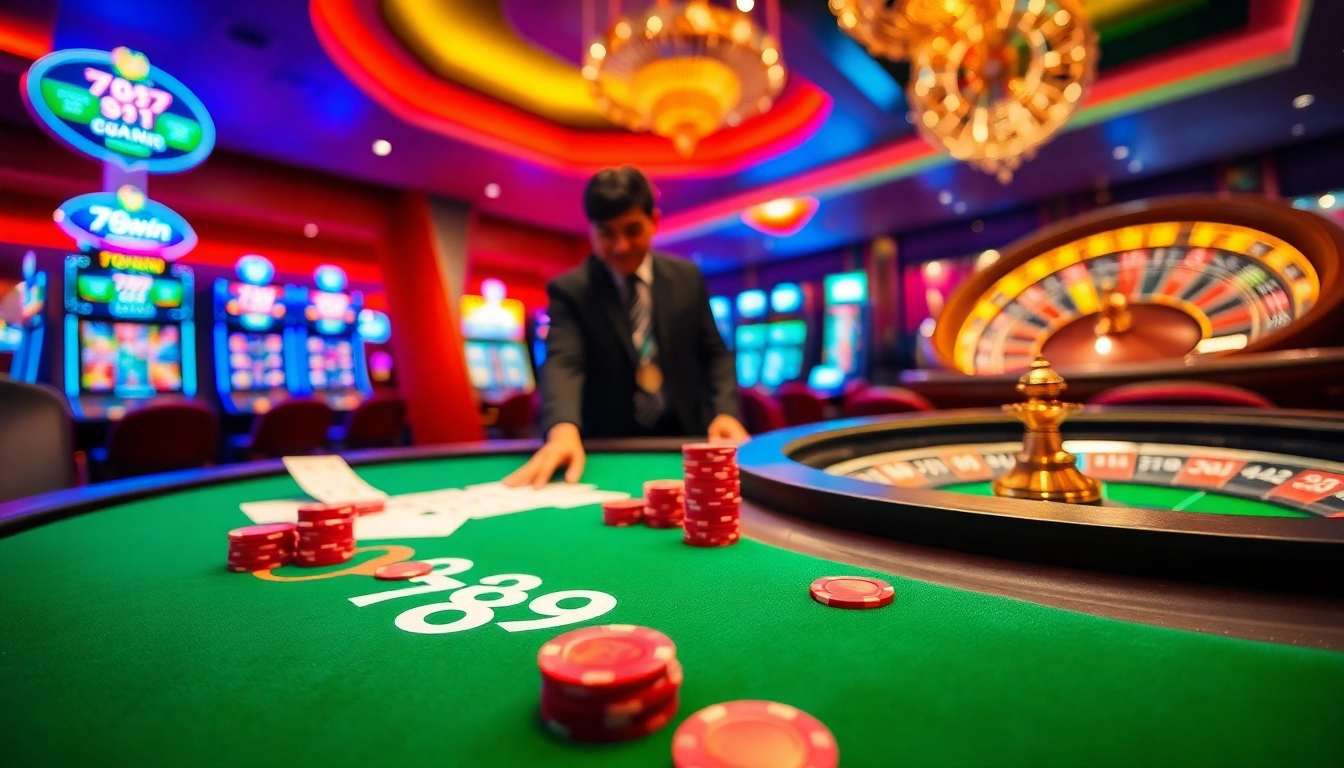 Experience the thrill of gambling with 789win in a luxurious casino setting filled with poker tables and slot machines.