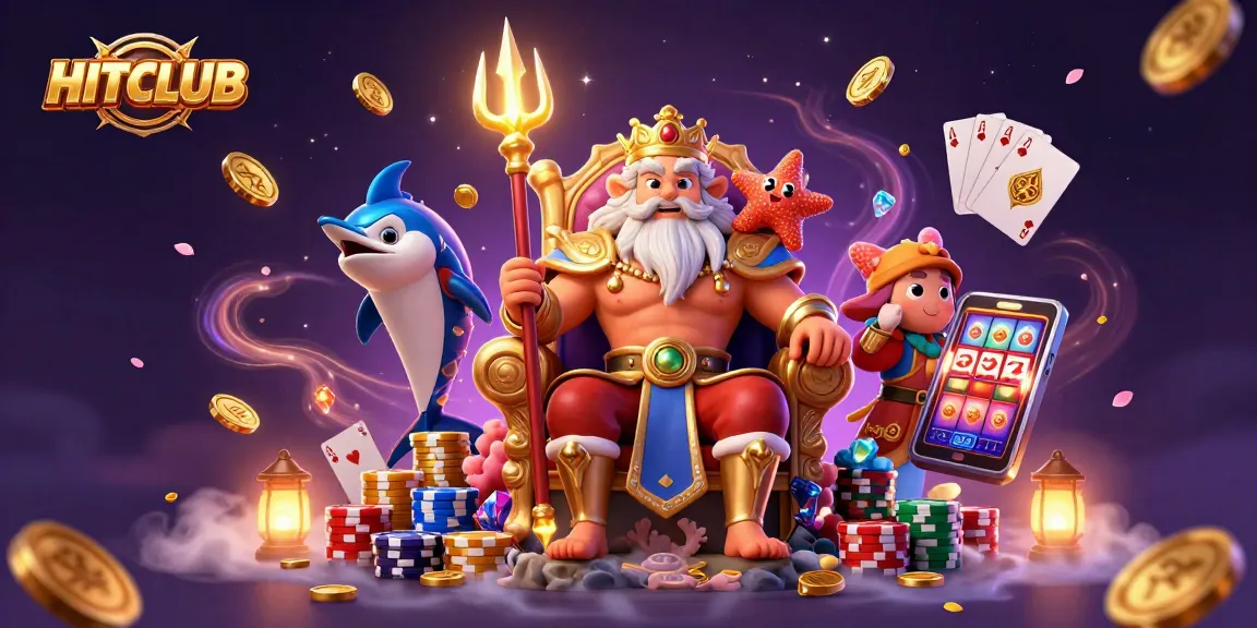 Experience thrilling gameplay at HITCLUB as Neptune presides over a vibrant casino scene filled with treasure.