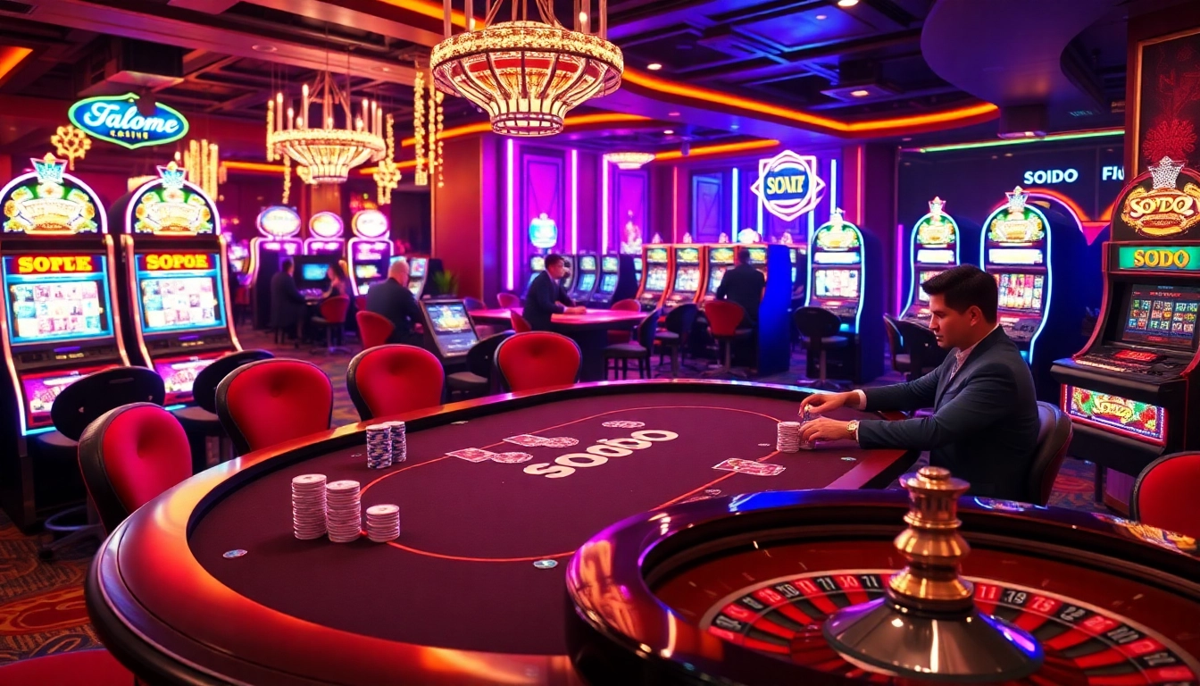 SODO Casino players enjoying an exhilarating poker game with vibrant poker chips and soft lighting.