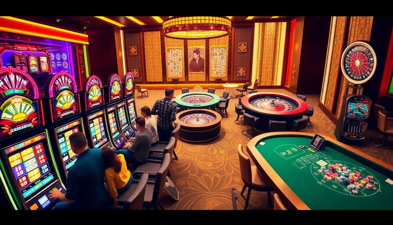 Engaging players experiencing the vibrant casino environment at https://rr88.pizza/, excitedly playing slot machines.