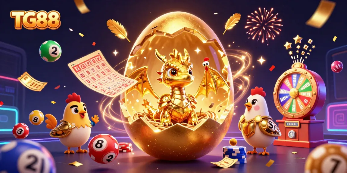 Experience thrilling gaming moments with TG88's golden dragon, poker chips, and vibrant lottery elements.