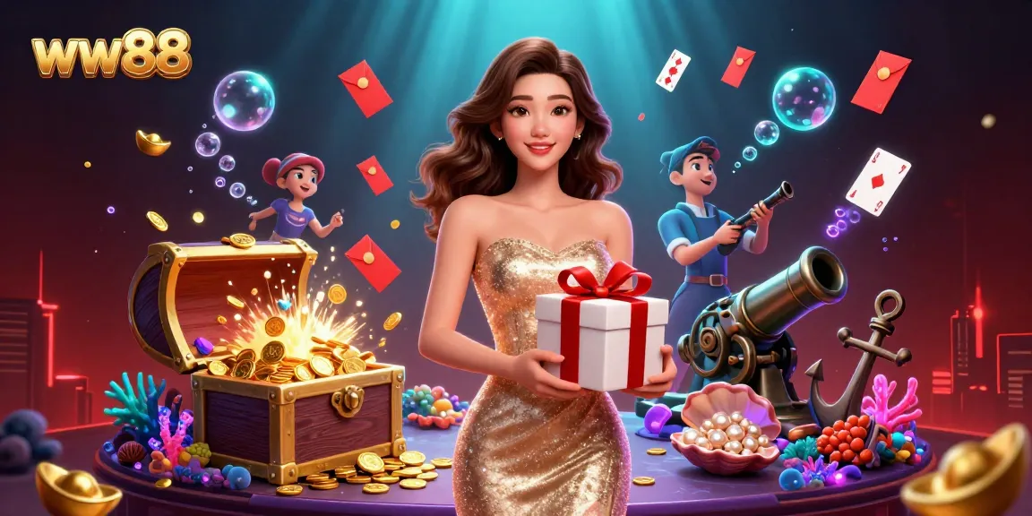 Win big with WW88 featuring a glamorous Asian woman holding a gift box of golden coins in a dazzling casino setting.