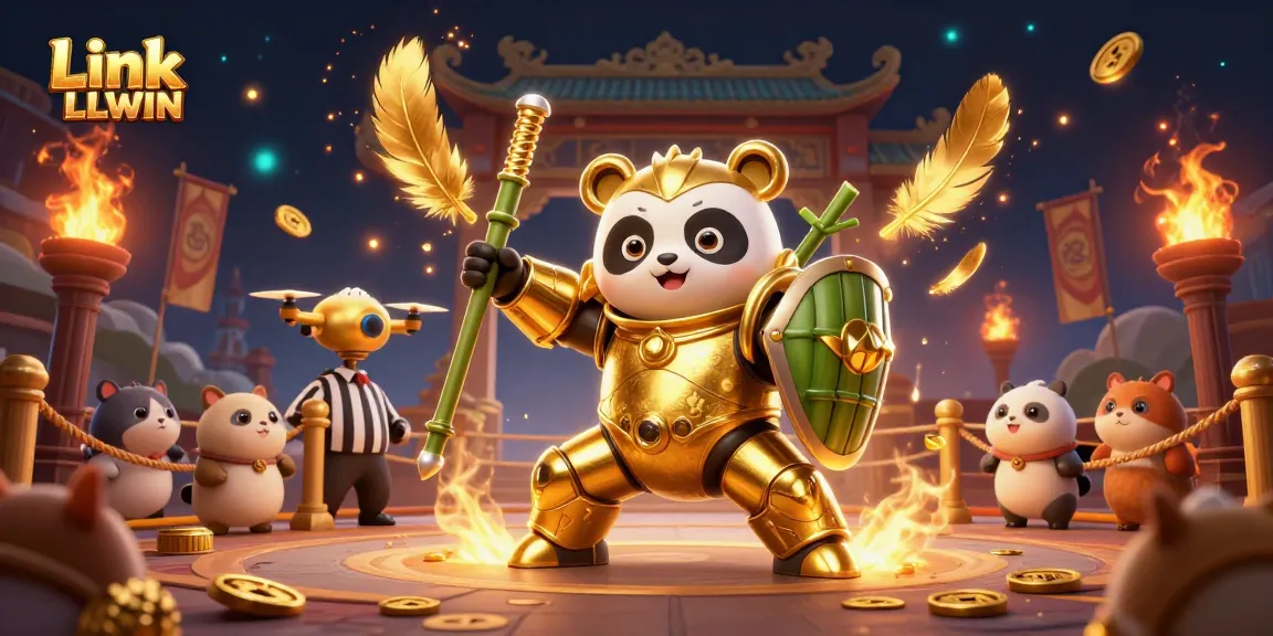 Engage with Link LLWIN through a vibrant casino battle featuring a golden panda robot amidst a dynamic gambling arena.