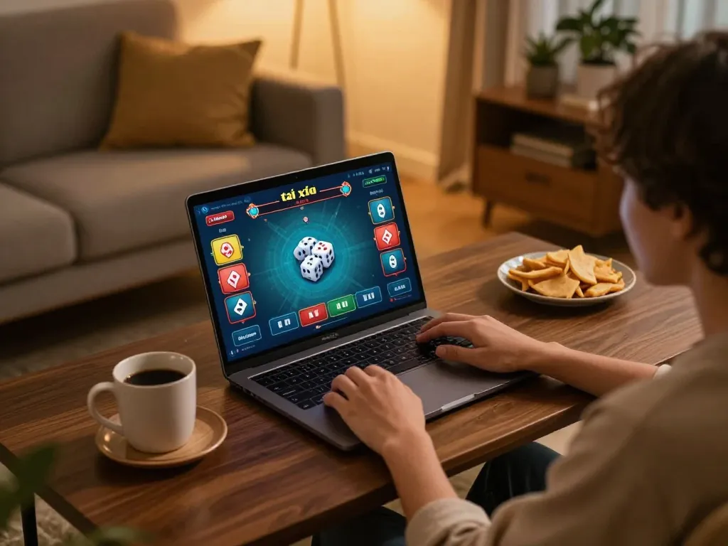 Tài xỉu online gaming session in a cozy home setup with vibrant interface and ambient lighting.