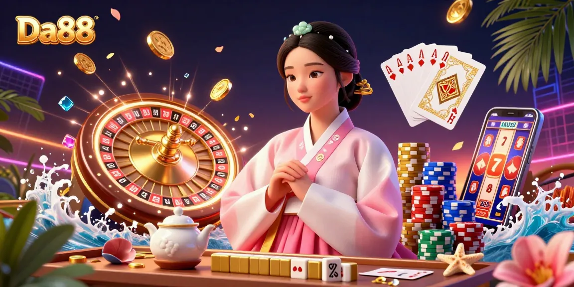 Experience winning moments with Da88 in a vibrant casino scene featuring roulette, poker, and slot machines.
