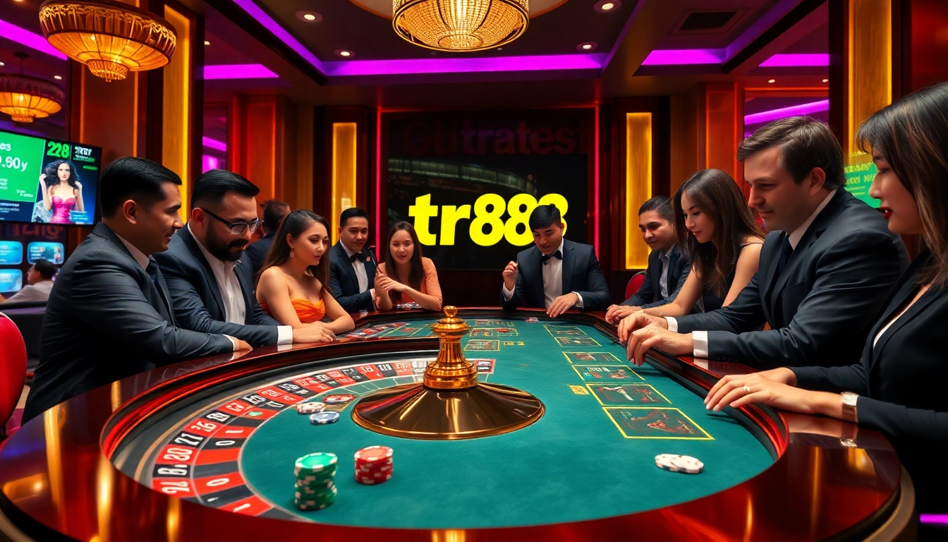 Players engage at a luxurious gambling table showcasing tr88, capturing the thrill of high-stakes casino action.