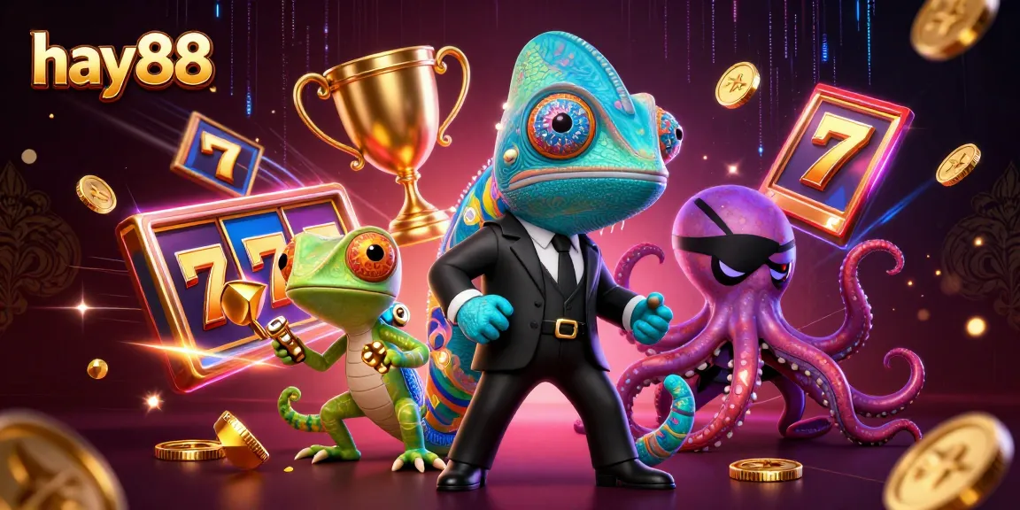 Experience the thrilling world of hay88 with lively slot reels, vibrant characters, and dynamic casino elements.