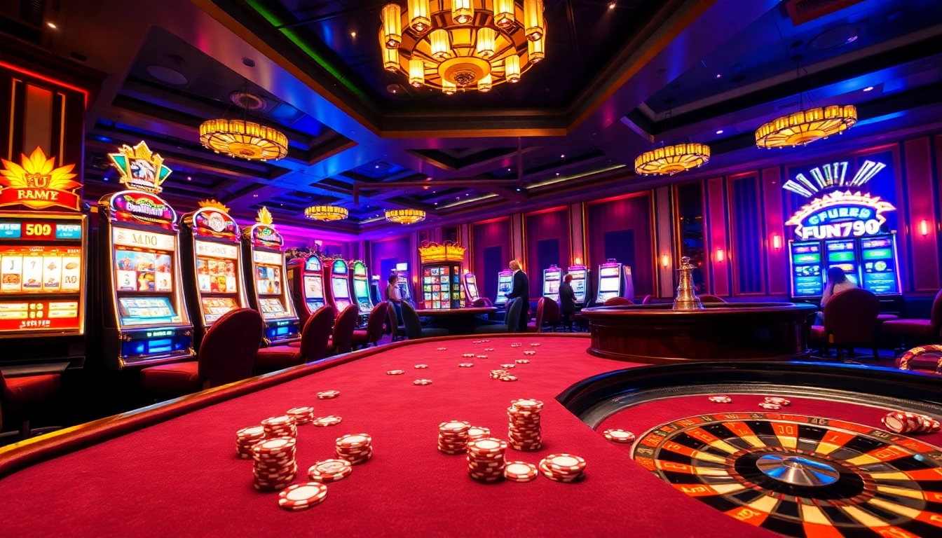 Exciting poker action at FUN79 casino table with vibrant chips and roulette wheel.