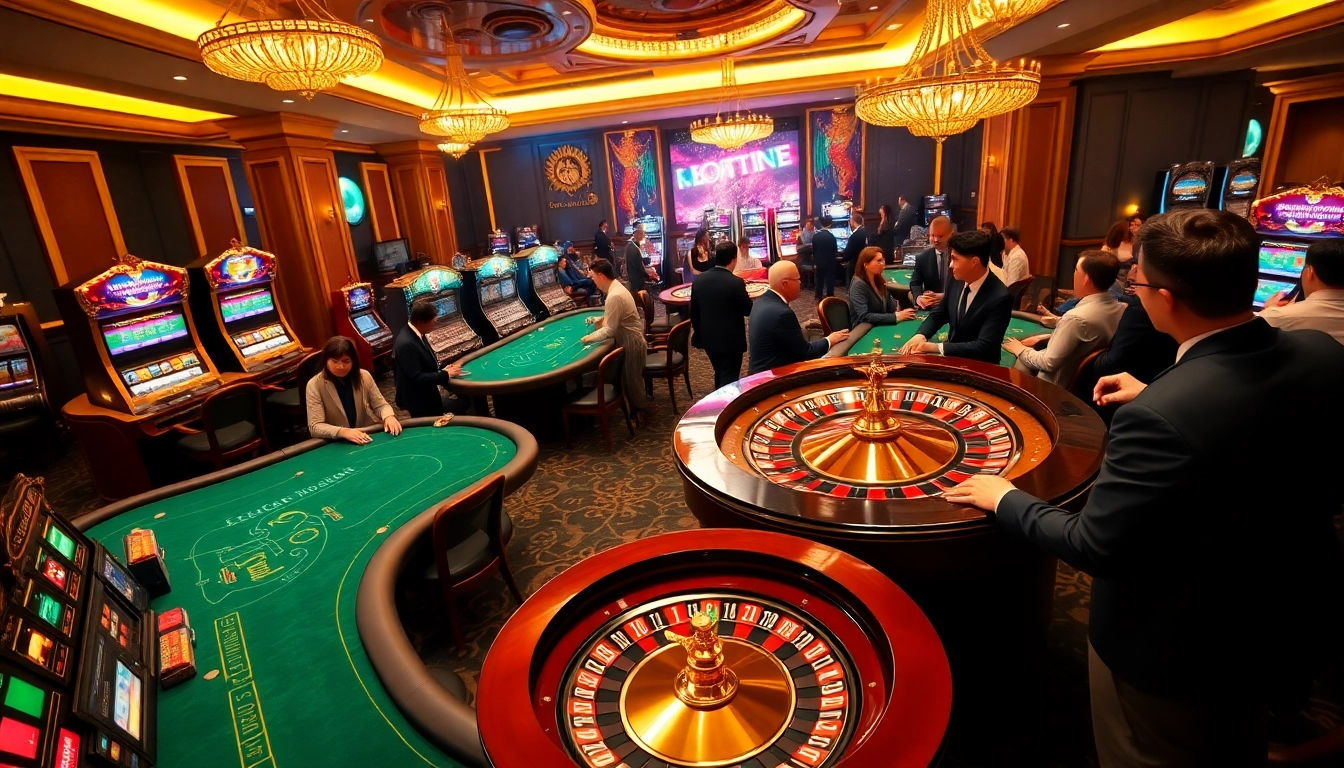 Gambling scene showcasing nhà cái uy tín with elegant poker tables and vibrant slot machines.