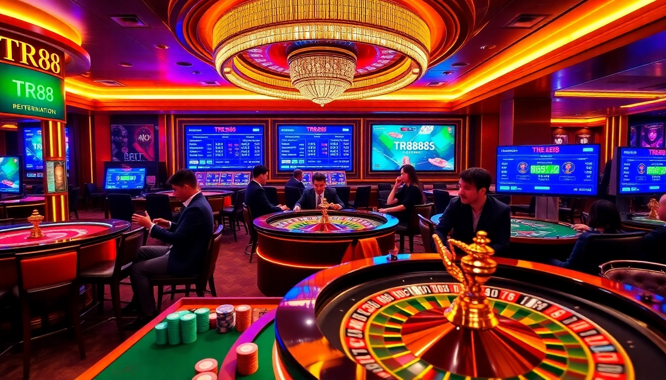 Experience TR88's thrilling online casino gaming atmosphere with vibrant tables and excited players.